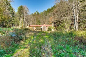 A house surrounded by dense forest with a clear path leading to the entrance. - Hike, Ski & Unwind: Cabin w/ Deck in Chester! (Chester)