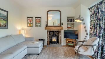 A living room with a sofa, a TV, a fireplace, and a chair.