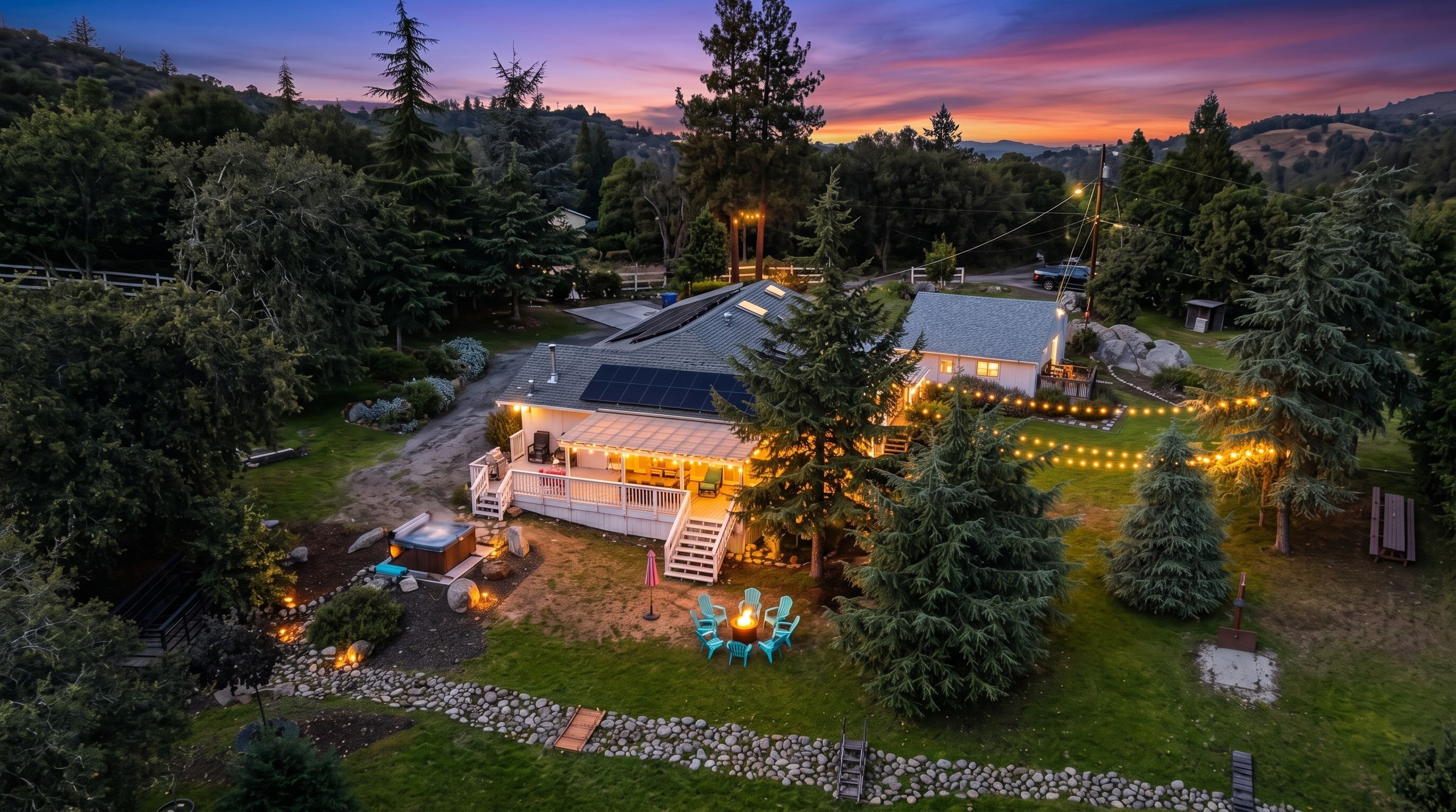 A house with a deck, outdoor seating, and a fire pit.