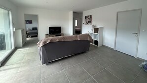 A modern bedroom with a large bed, a TV, and a bookshelf.