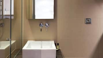 Shower, hair dryer, towels, shampoo