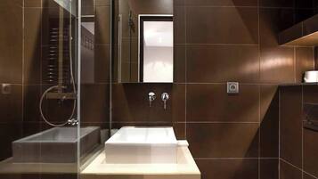 Shower, hair dryer, towels, shampoo