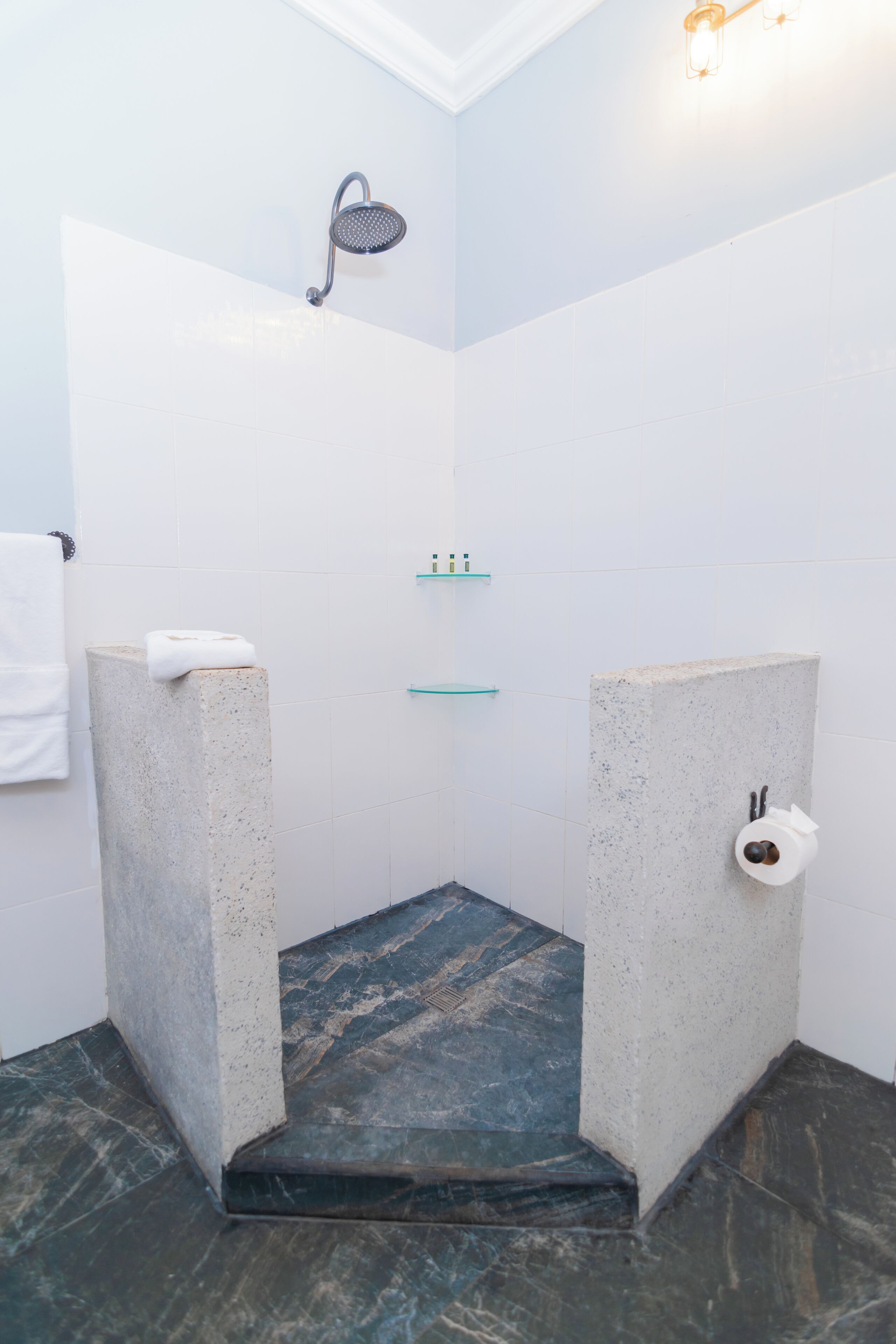 Un baño moderno con zona de ducha, un perchero y un inodoro.