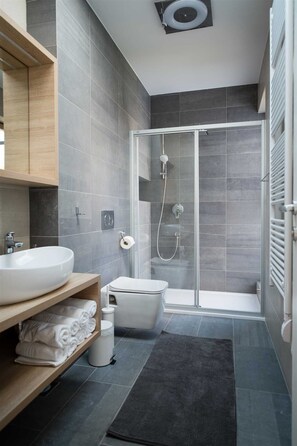 Douche, séchoir à cheveux, serviettes fournies, savon