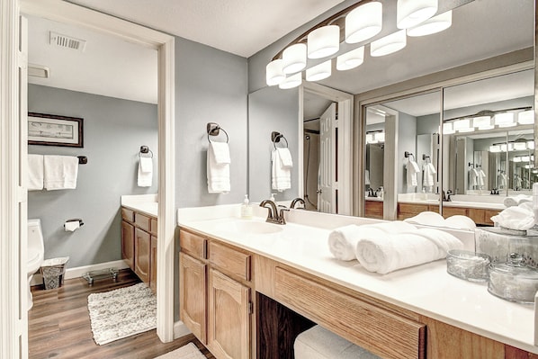 Hair dryer, towels, soap, shampoo