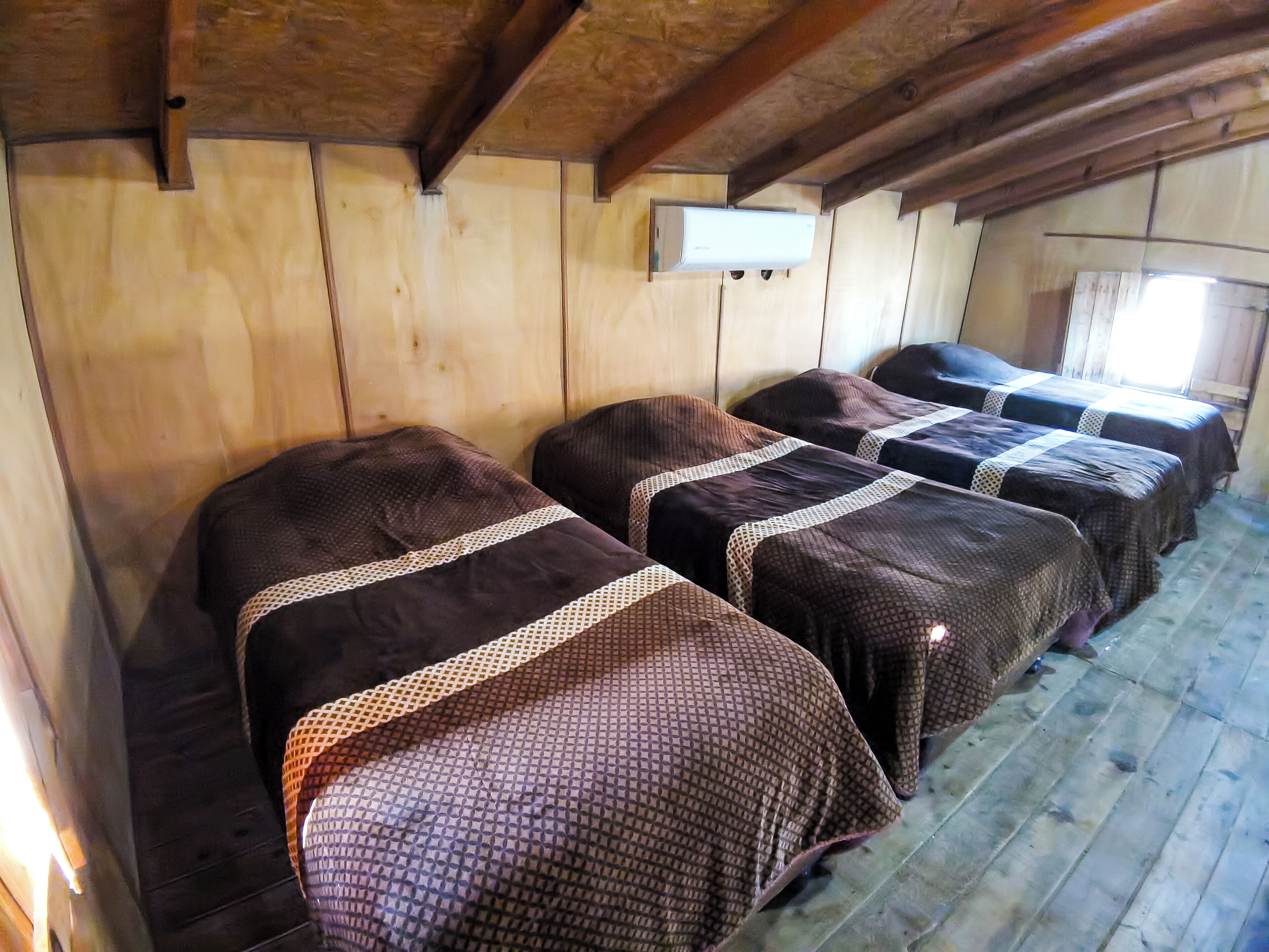 Varias camas de madera con cubrecamas estampados en una habitación con paredes de madera y techo inclinado.