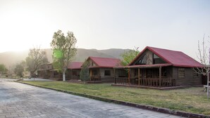 Une rangée de chalets de style rustique, avec des toits rouges, des terrasses en bois et un chemin pavé.