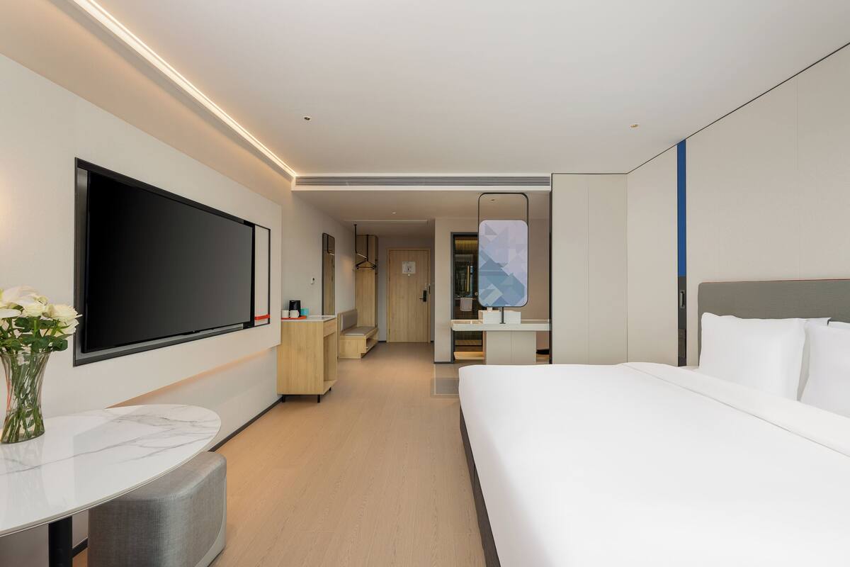 Una habitación de hotel moderna con una cama grande, un televisor de pantalla plana montado en la pared, un escritorio pequeño con una silla y un tocador con espejo.