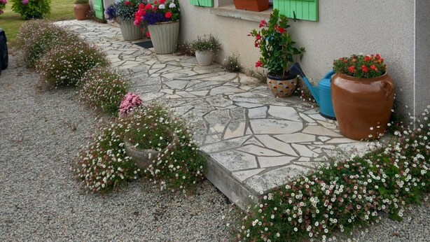 Ein Haus mit grünen Fensterläden, einem Kiesweg und Blumentöpfen.