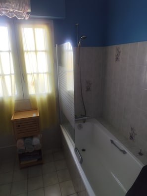 Hair dryer, towels, soap, toilet paper