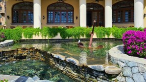 Una piscina con agua cristalina, rodeada de muros de piedra y abundante vegetación.
