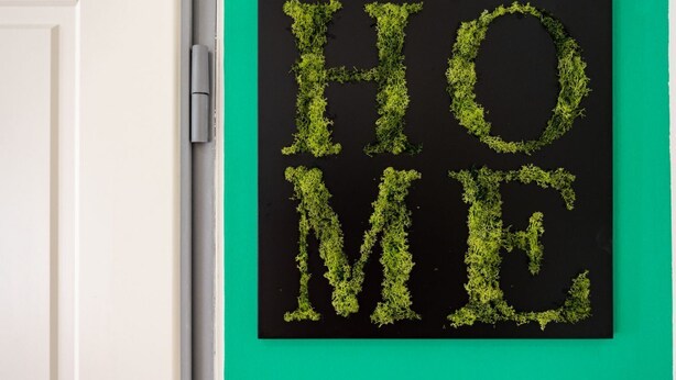 Quadro negro com a palavra 'HOME' escrita em musgo verde sobre um fundo preto, fixado numa parede verde.