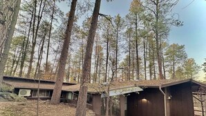 A cabin with a small porch and a covered outdoor area, surrounded by tall pine trees. - Private - Amidst The Forest (Prescott)