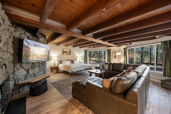 Smart-TV, Kamin, Bücher, Musikbibliothek