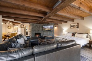 Smart-TV, Kamin, Bücher, Musikbibliothek