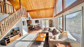 Smart TV, fireplace, books, stereo