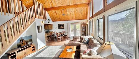 Smart TV, fireplace, books, stereo
