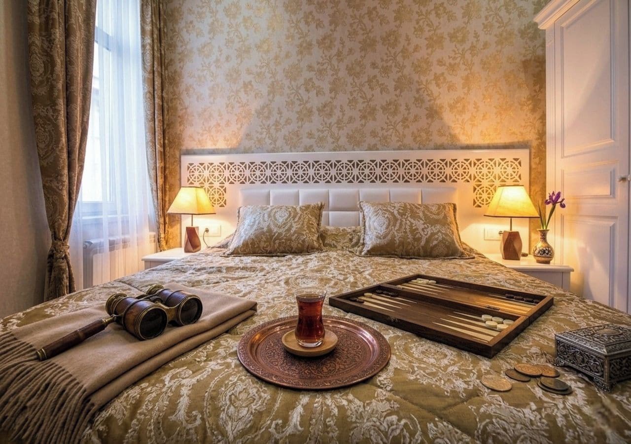A hotel room with a bed, two bedside lamps, a tray table with a teapot, and binoculars.