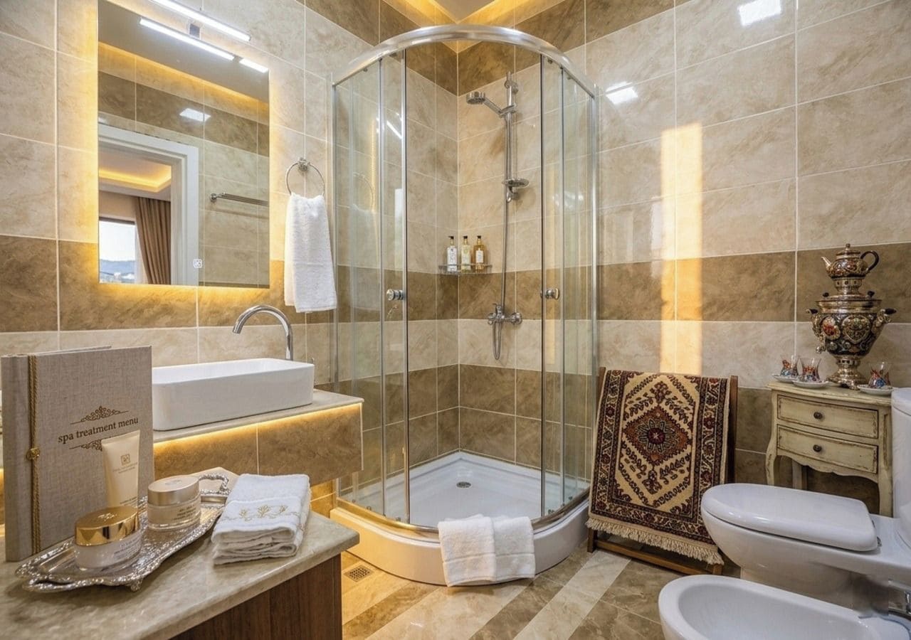 Un baño moderno con ducha de vidrio, lavamanos e inodoro.
