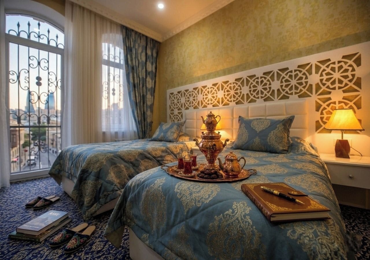 A hotel room with two beds, a decorative wall, a nightstand with a lamp, and a view through a window.