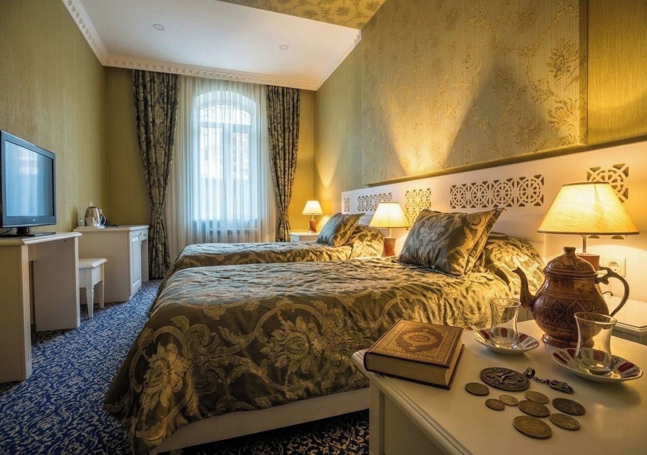 A hotel room with a large bed, two bedside tables, a television, and a decorative headboard.