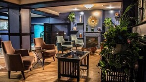 Una sala de estar moderna con chimenea, asientos cómodos y plantas decorativas.