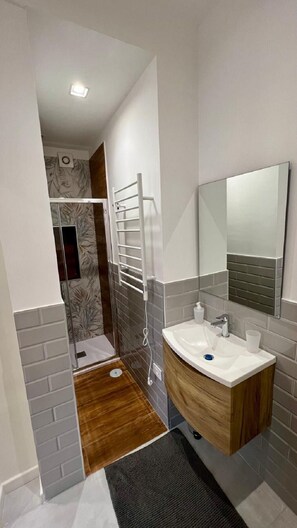 Douche, sèche-cheveux, bidet, serviettes fournies