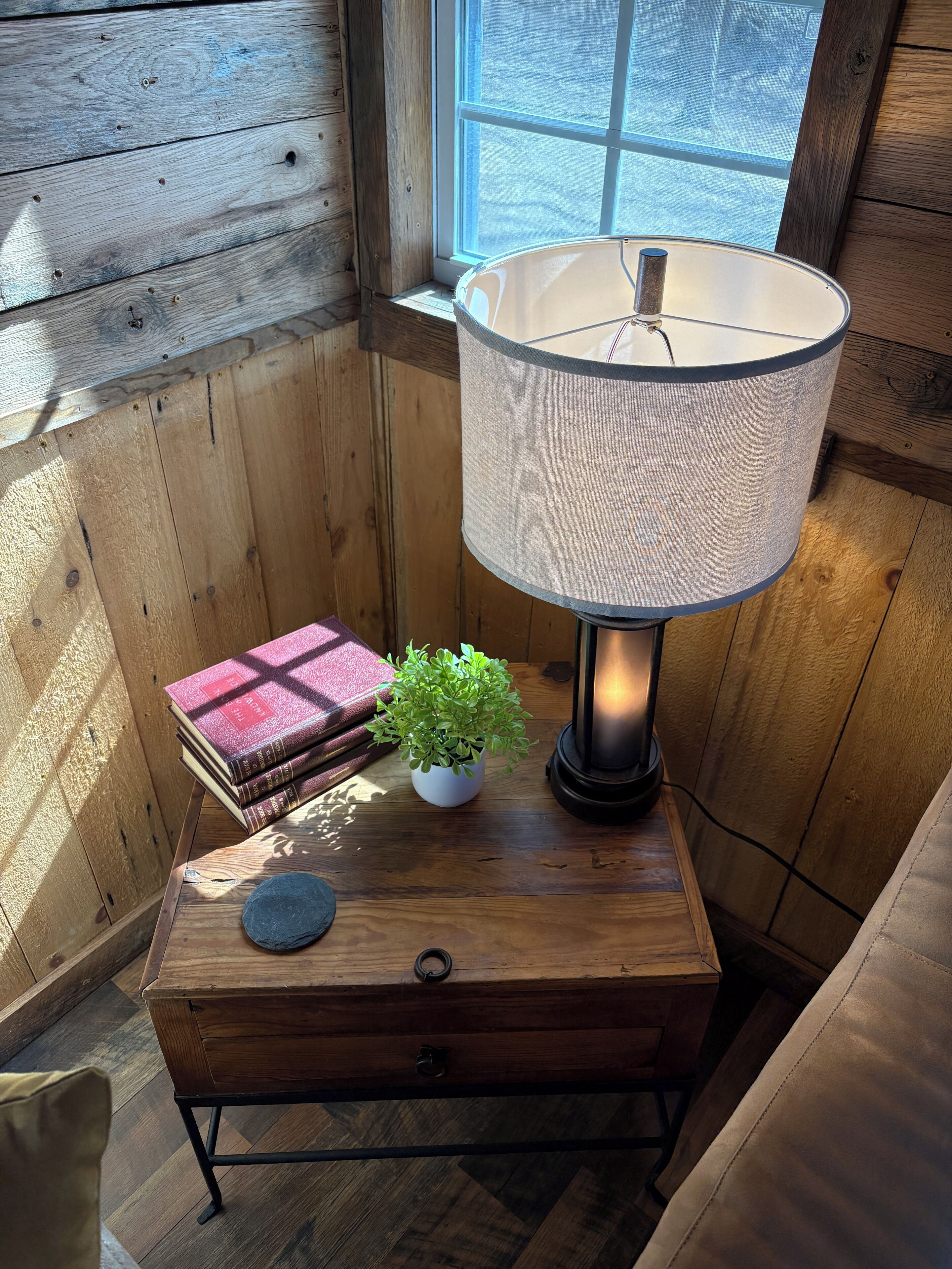 A wooden nightstand with a lamp, a small potted plant, and a stack of books.