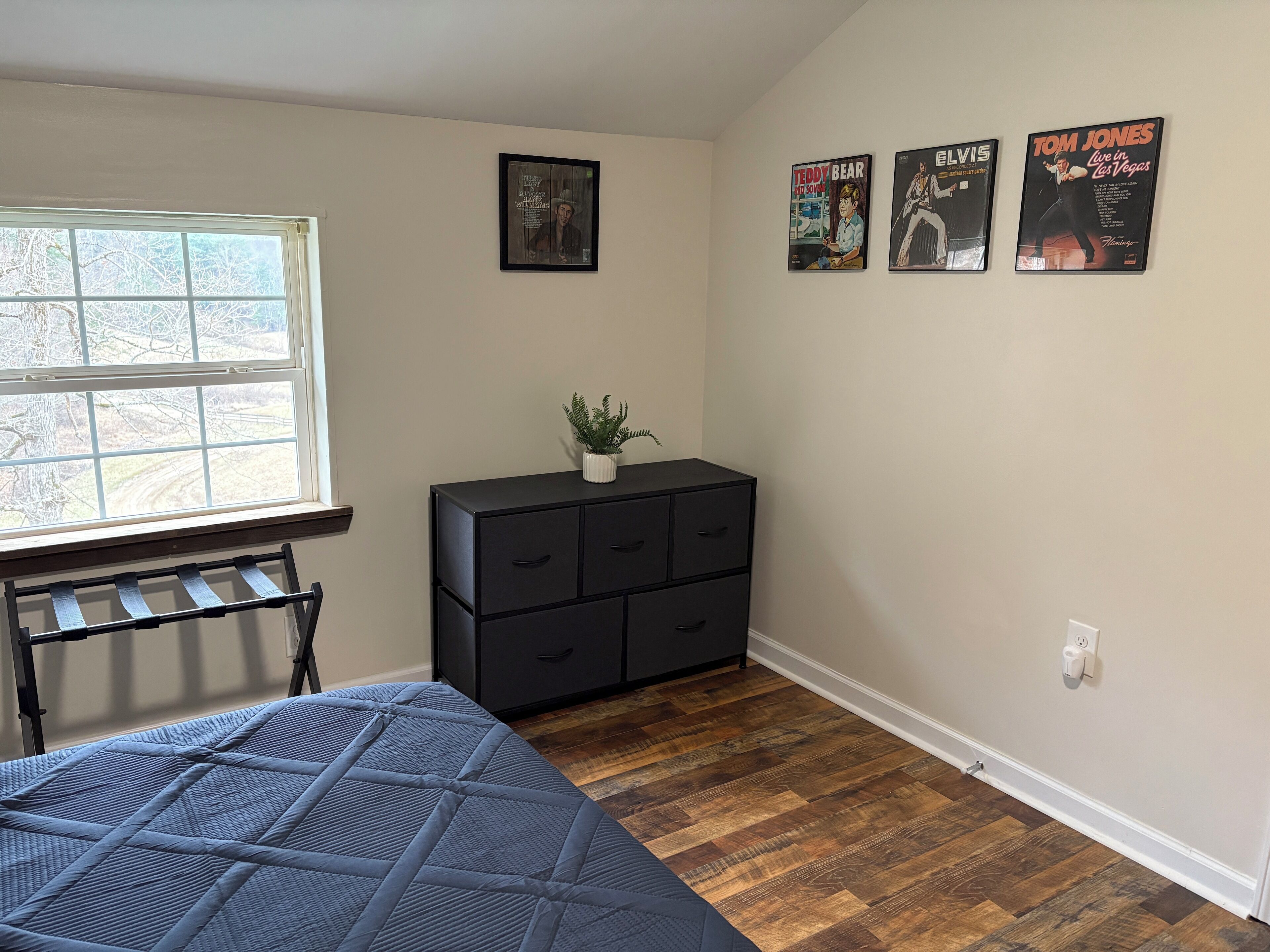 Une chambre à coucher avec un lit, une commode, un radiateur et des affiches accrochées au mur.