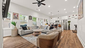 Smart TV, fireplace, video games, ping pong