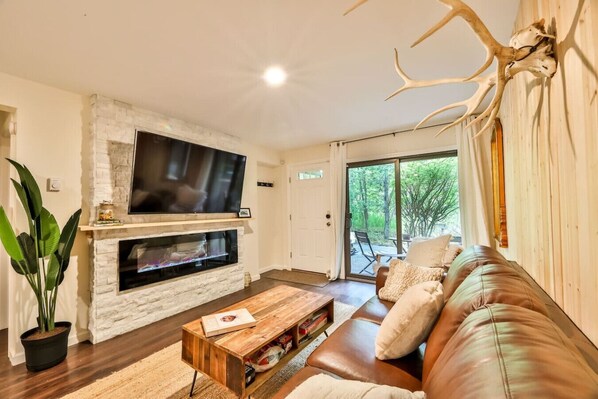 TV connectée, cheminée, jeux vidéo, lecteur de DVD