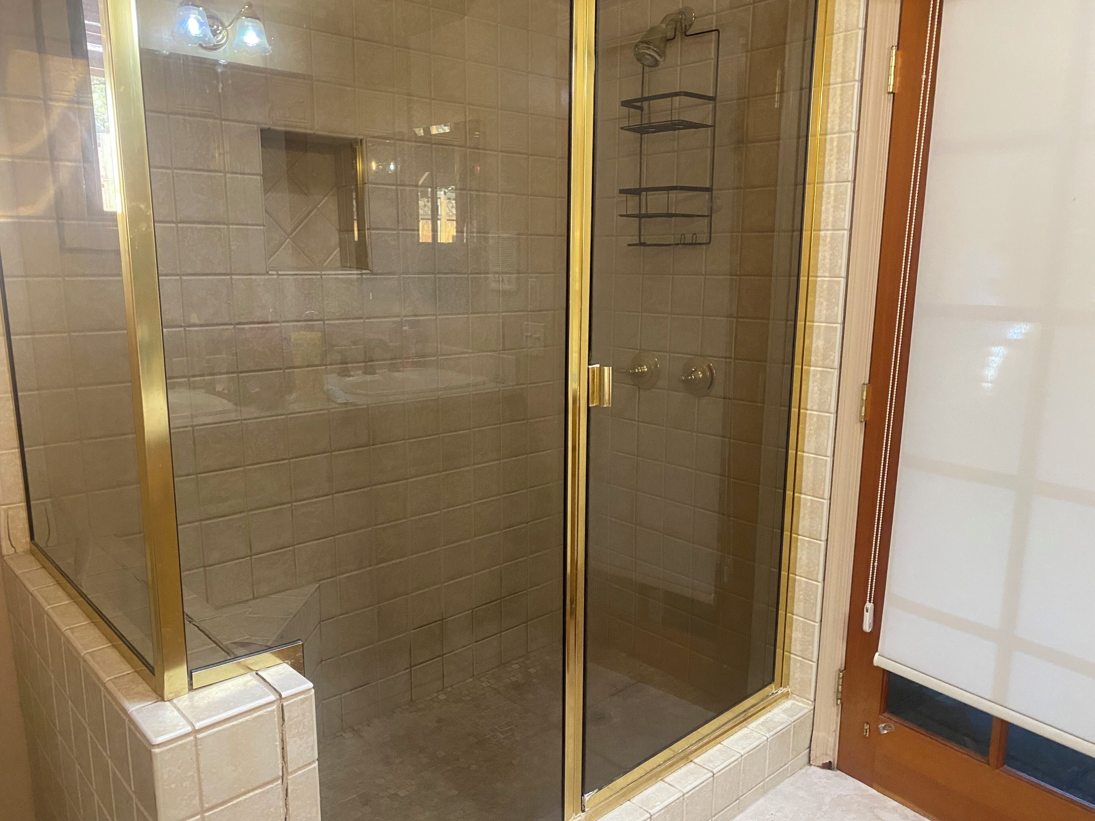 Ducha con cerramiento de vidrio, marco dorado, paredes con azulejos y puerta de madera.