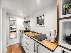 Frigorífico, microondas, placa de cocina y tostadora