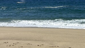 Een strand met een heldere lucht en rustige zee.