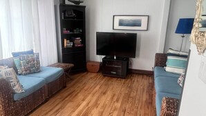 A living room with a wooden floor, two blue sofas with patterned cushions, a black entertainment unit with a TV, and a framed picture on the wall. - Enjoy beautiful sunsets at a Lake Side Cottage (Tipton)
