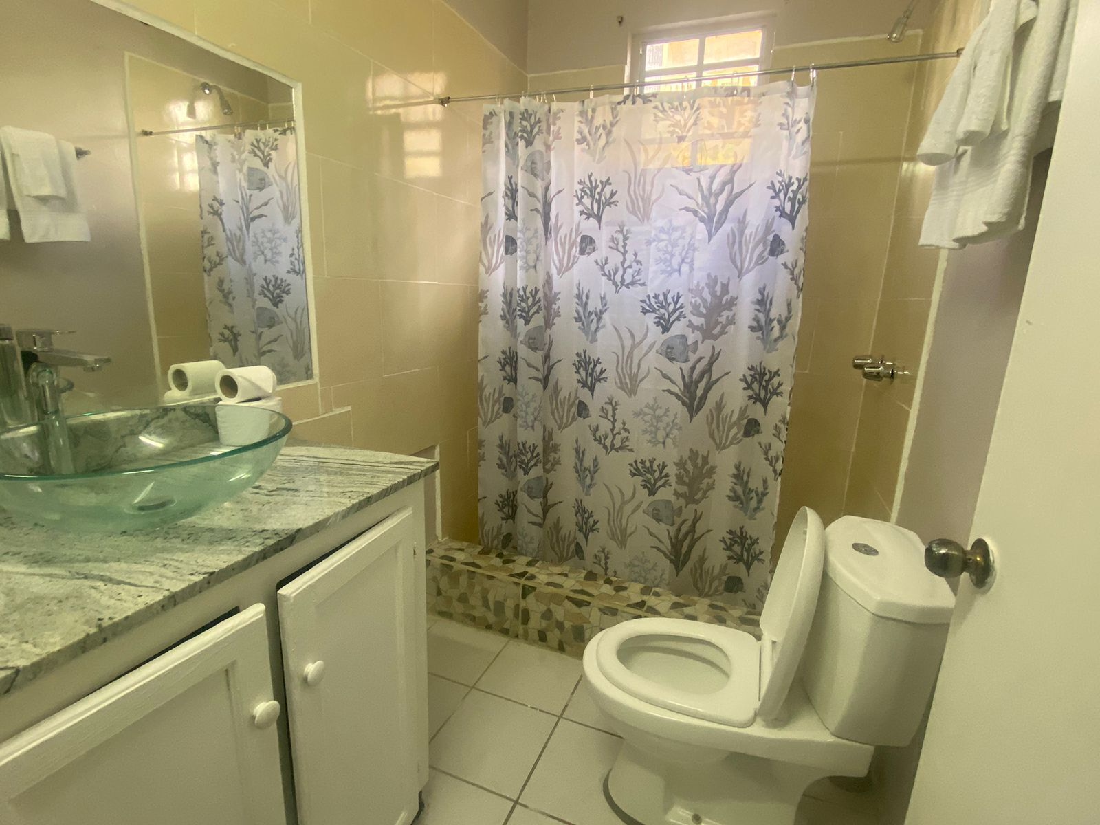 Un baño con lavamanos de vidrio, un inodoro y una cortina de ducha con motivos marinos.