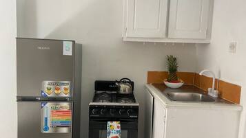 A compact kitchen with a refrigerator, stove, and sink.