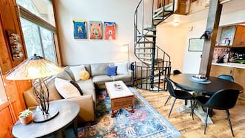 TV, fireplace, books
