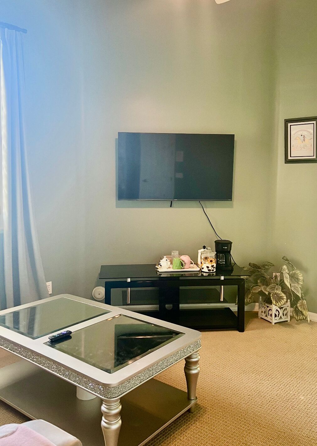 A living room with a flat-screen TV mounted on the wall, a glass-top coffee table, a dark entertainment unit, and a potted plant.