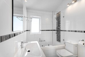 Shower, hair dryer, towels