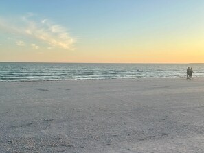 Une plage avec un ciel dégagé et une mer calme.