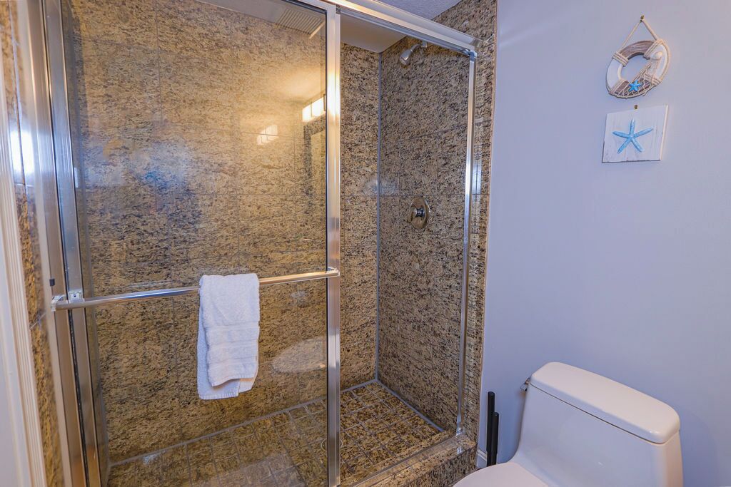Hair dryer, towels, soap, shampoo