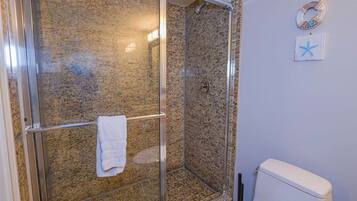 Hair dryer, towels, soap, shampoo