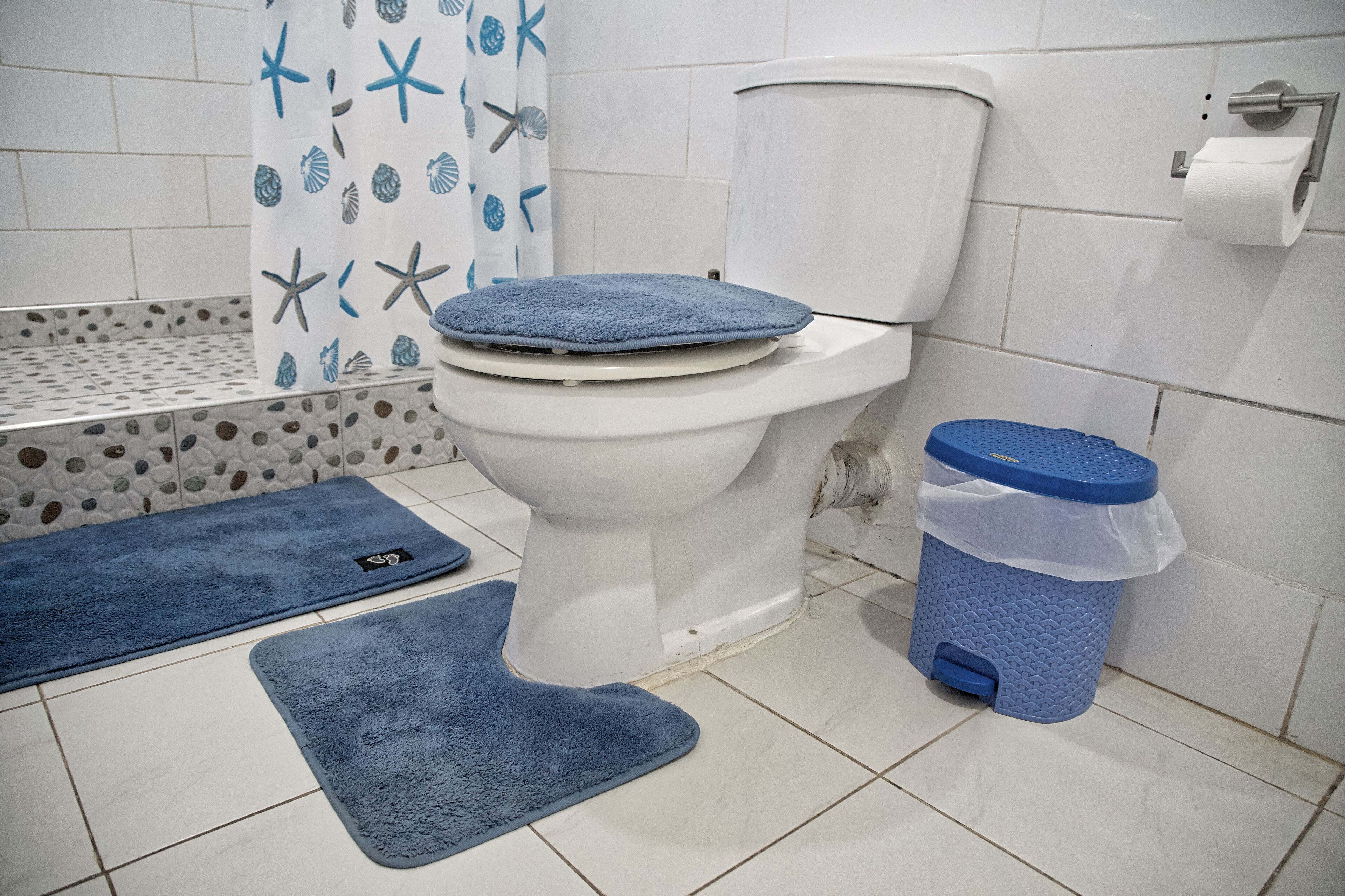A bathroom with a toilet, a blue trash bin, and two blue bath mats.