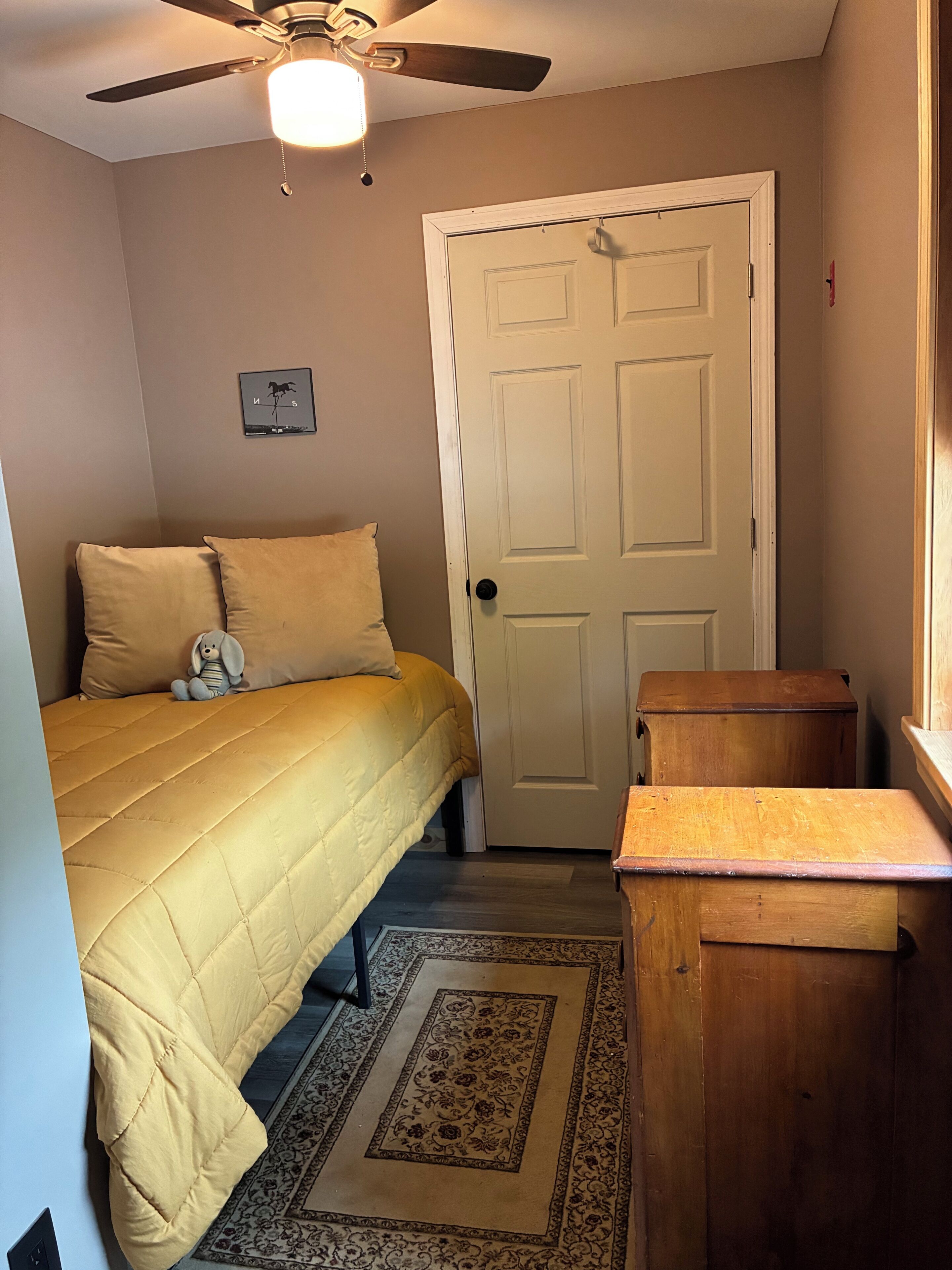 A bedroom with a bed, a ceiling fan, a door, a small wooden dresser, and a rug.