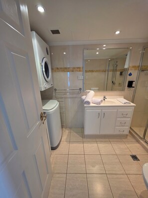 Shower, hair dryer, towels, toilet paper