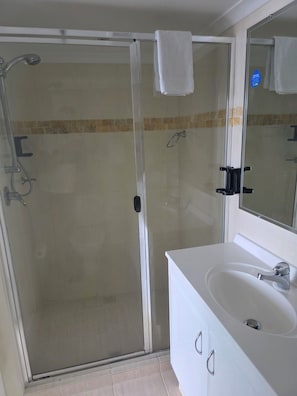 Regadera, secadora de cabello, toallas, papel de baño 