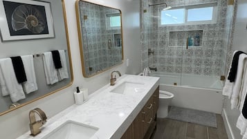 Hair dryer, towels, soap, toilet paper