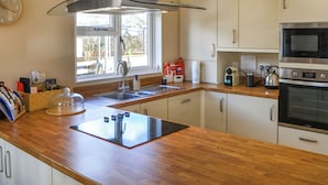 Een moderne keuken met een centraal eiland, roestvrijstalen apparatuur en een raam dat voor daglicht zorgt.