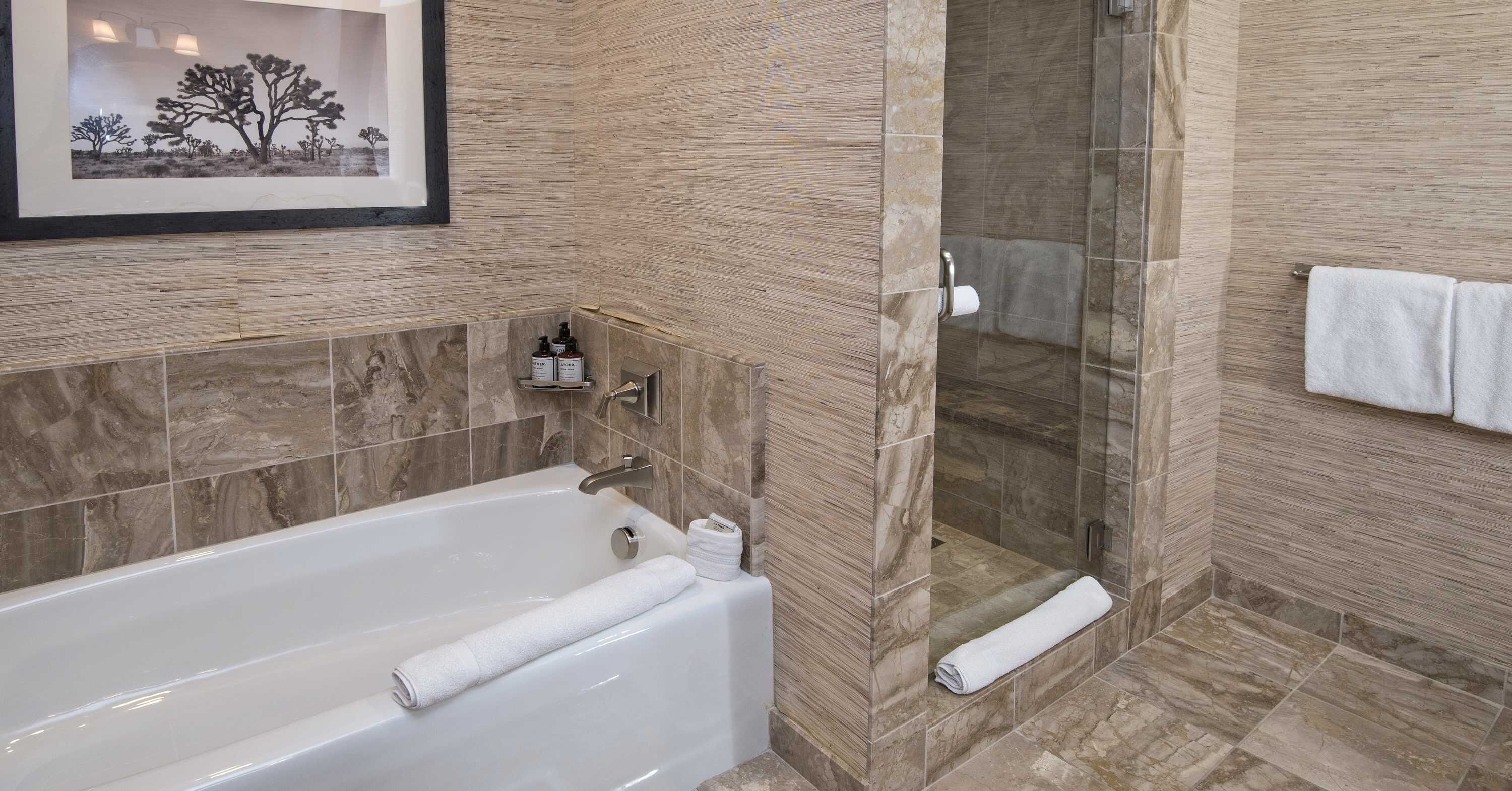 Une salle de bain moderne avec une baignoire, une douche et un tableau encadré au mur.